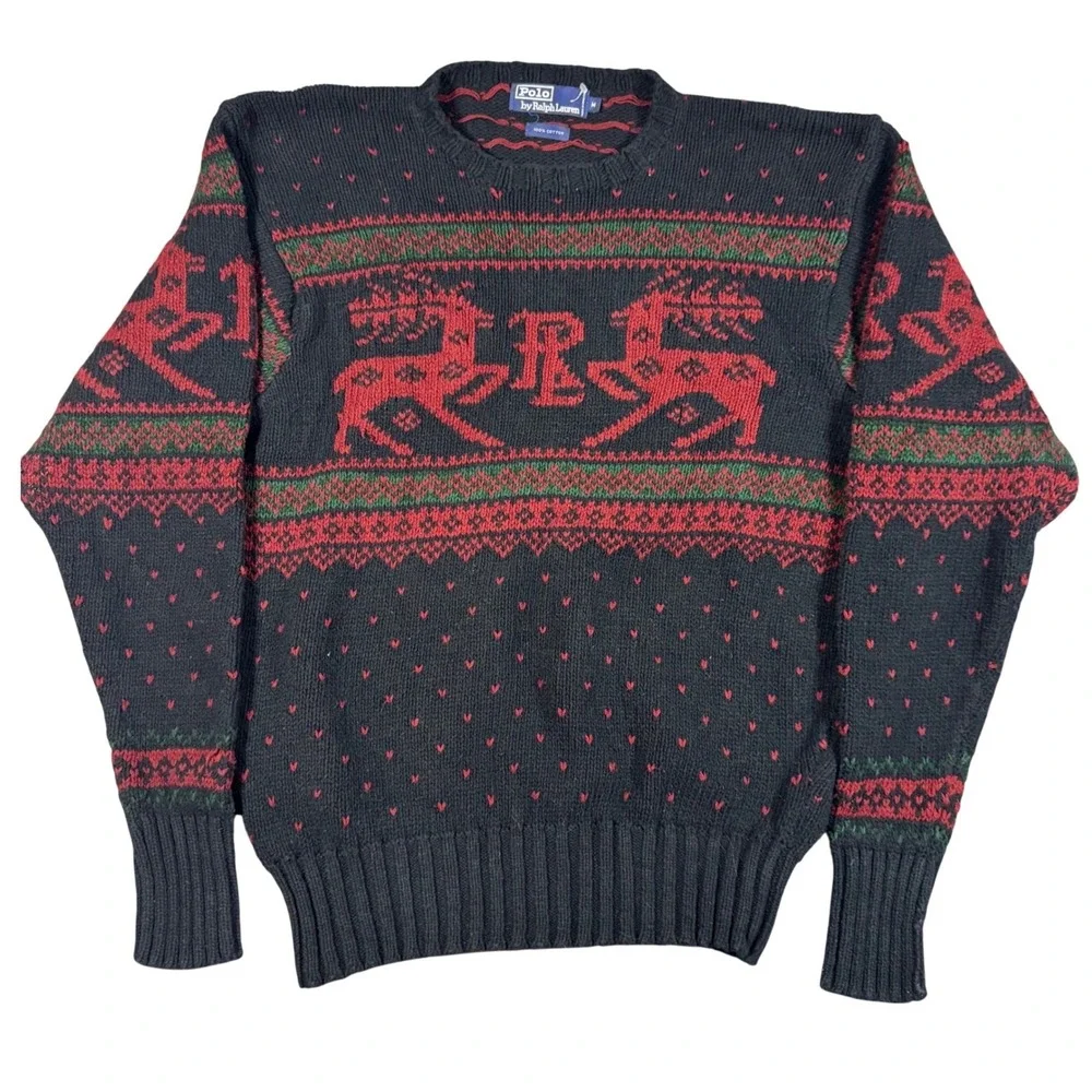Vintage Polo Ralph Lauren Sweater Mens M Black Reindeer Intarsia Cotton Holiday